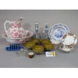 A collection of ceramics including a jug and basin set with pink printed floral decoration, a pair