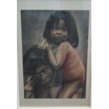 20th century school - Study of a young girl holding flowers seated on her fathers shoulder, possibly