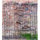 Two matching tall iron work pedestrian side gates with scroll work detail, 195 cm high x 84 cm wide,