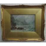 19th century British school - Coastal landscape on a stormy day with sea birds, oil on board,