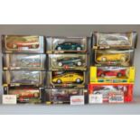 12 die-cast 1:18 scale model cars by Tonka, Burago, Revell and Maisto, all boxed (12)