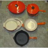 Le Creuset saucepans of varying size, oval tureen and cover, etc in burnt orange colourway