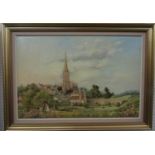 W E Philips (20th century British school) - A view of Tetbury Church, with bridge, cattle grazing,