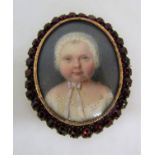 Early 19th century British school - Bust length miniature portrait of a baby with blue eyes in white