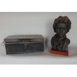 Cast resin bust sculpture of Beethoven upon a wooden plinth, 35cm high, together with a further