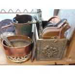 A collection of antique and later metal ware comprising an embossed brass log or coal box, decorated