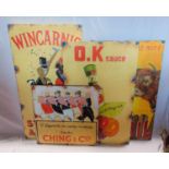 Four hand painted advertising signs for OK Sauce, Ching & Co, Bovril and Wincarnis (4)