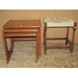 A nest of three graduated G plan quadrille occasional tables together with an oak stool with