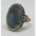 9ct white gold black opal ring with marcasite and rope twist detail, opal 2 x 1.4cm approx, size