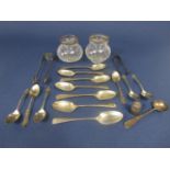 A mixed collection of various silver spoons to include a set of coffee bean spoons with fancy