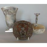 An art nouveau style sea gull Canadian pewter vase, stamped Etain Zin, together with a lion head