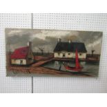 Guerin (mid-20th century continental school) - Scene with cottages, sailing boat, etc, oil on