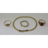 Group of 9ct jewellery comprising an Italian flat snake link bracelet, an identity ring and two