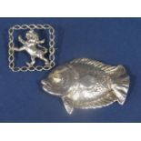Sterling silver brooch in the form of a fish, 6cm long, together with a further silver brooch in the