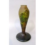 Galle French Cameo glass baluster lamp base, with olive green relief of foliage, 24 cm high (chips