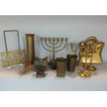 A collection of miscellaneous brass wares including a trench art shell case, with art nouveau