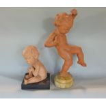 Pair of cast plaster cherubs, with terracotta finish, one stood dancing, the other seated, the