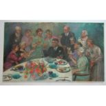 J Fare (mid-20th century school) - Scene with twelve diners surrounding a table, all raising their