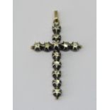 French 19th century diamond cross pendant, in unmarked silver and gold, 3.6g