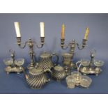 A good collection of silver plated items comprising a pair of twin branch candelabra converted to