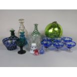 A good collection of antique glassware to include a set of six blue dessert glasses, all engraved