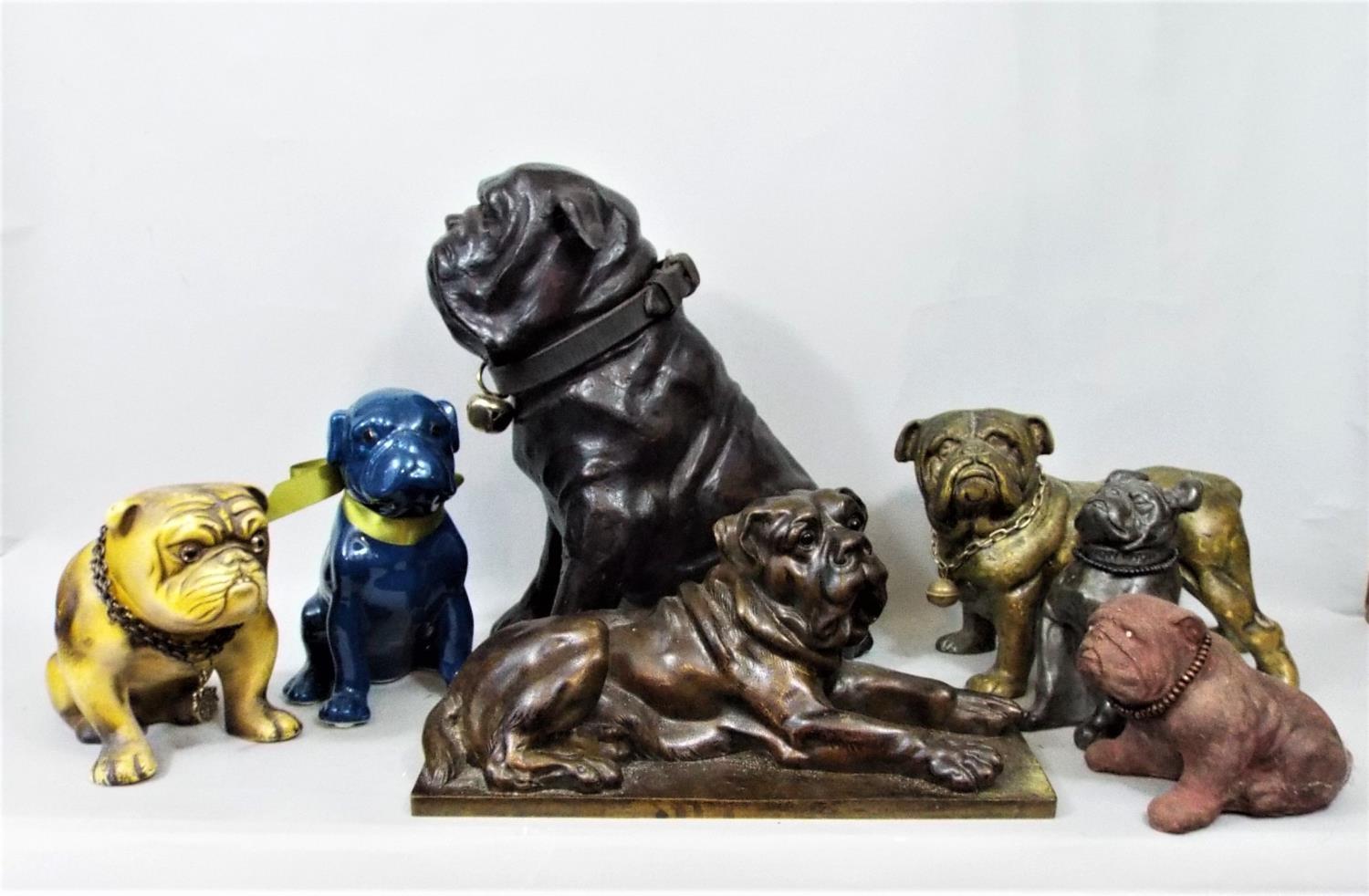 Seven figures of Bulldogs in brass, bronze, ceramic, etc 28 cm in height and smaller