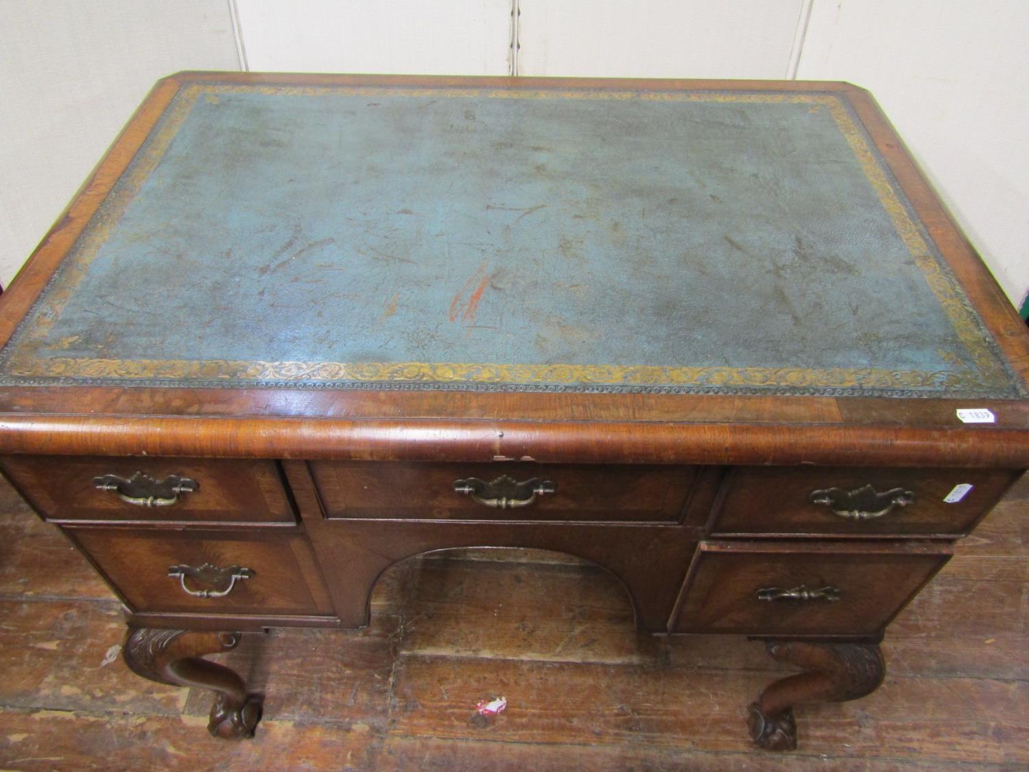 A walnut knee hole writing table in the Georgian manner, five frieze drawers around a central - Image 2 of 3