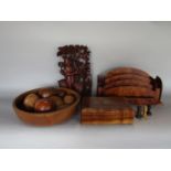 Collection of treen wares to include a Chinese carved hardwood study of a fruit seller, further