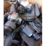A box of various photography equipment to include vintage Canon AL-1QF camera with 50mm lens,