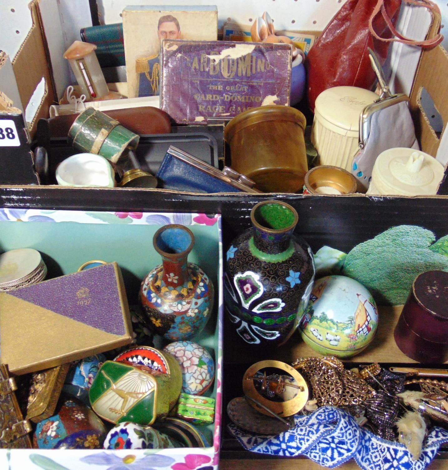 Two boxes containing a collection of interesting items comprising costume jewellery, cloisonne pots,