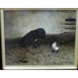 Late 19th century school, an unusual monochrome study of a black spaniel and a chick in a barn