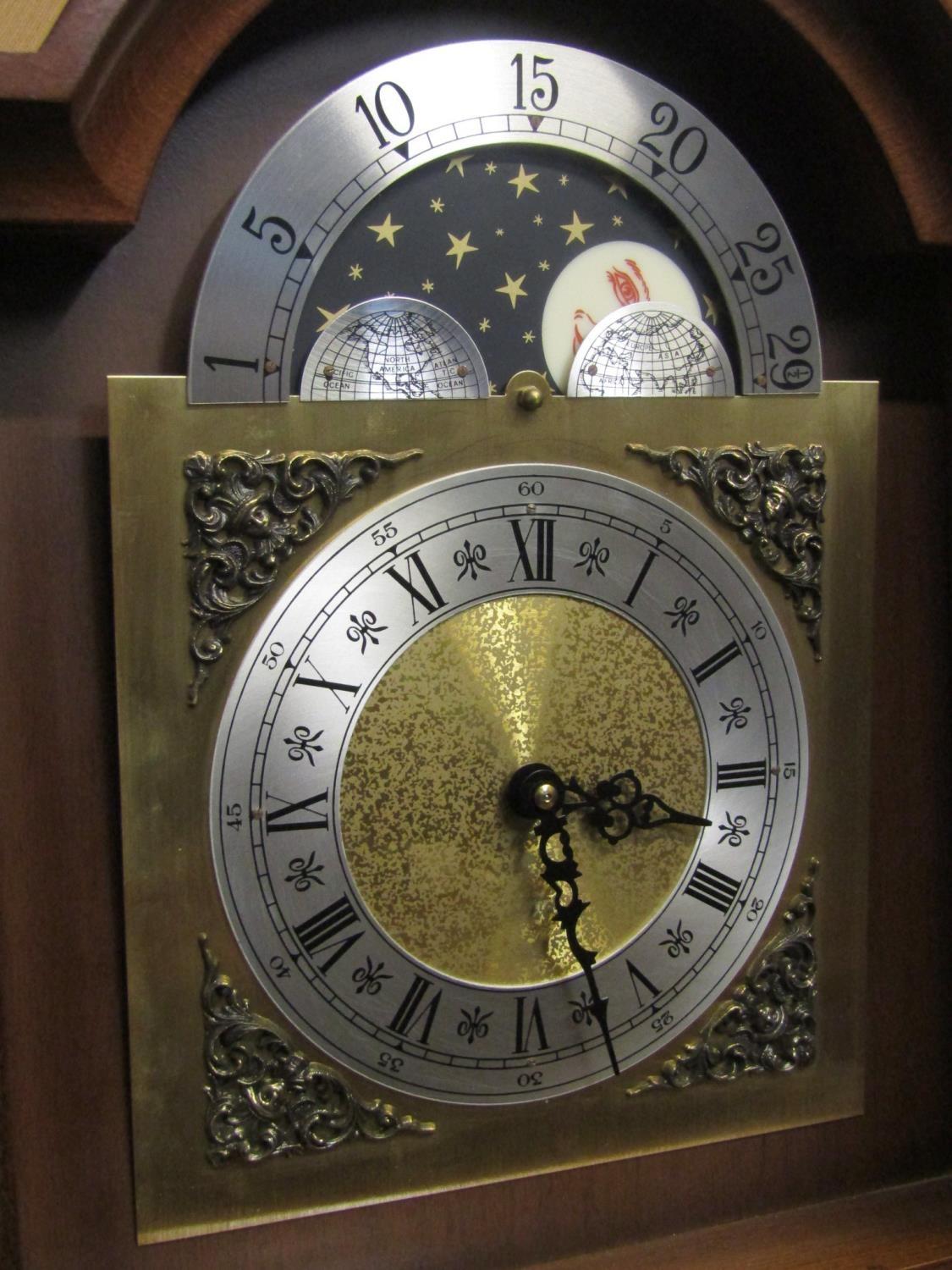 A grandmother clock in the Georgian style with arched hood and dial with lunar phase, glazed trunk - Image 2 of 2