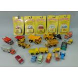 Boxful of model toys including small vehicles by Lesney and Matchbox, etc, five boxed 'Matchbox