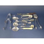 Small quantity of silver flatware comprising two sugar tongs, Albany handled caddy spoon, further