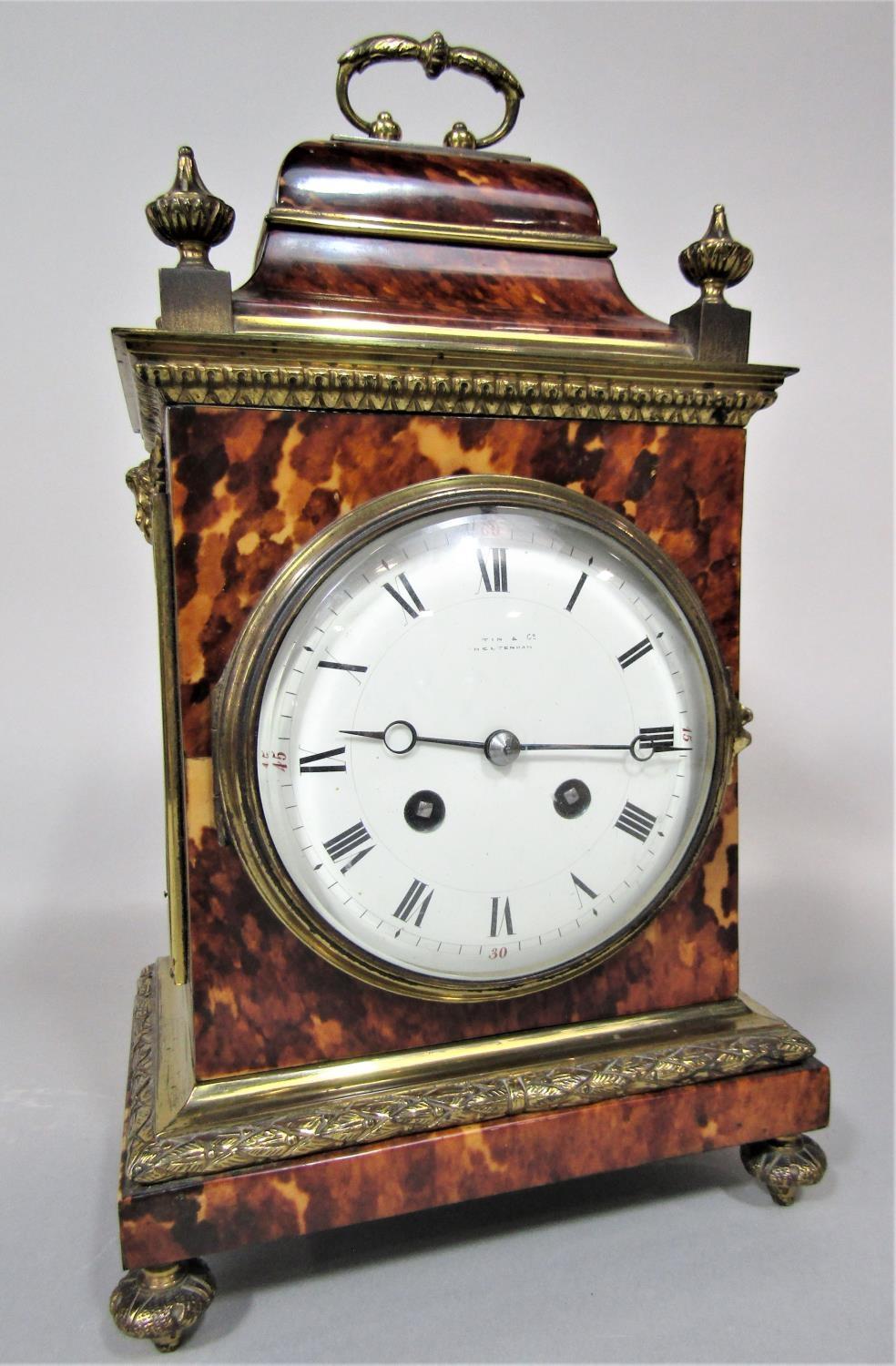 Good quality 19th century French tortoiseshell small bracket clock, the case with ormolu banding and