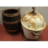 An oak barrel with copper bands and loop handle, together with a 19th century tin work coal box