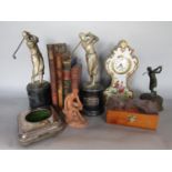 A mixed lot comprising a silver pocket watch case, a porcelain mantel clock, three silver plated