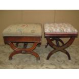 Two 19th century x framed stools of varying design both with upholstered seats