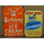 Four vintage style hand painted on board signs advertising Dicky Bird's and Bartholomay quality