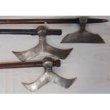 3 tribal axes with polised steel blades and turned wood handles