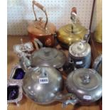 Six various metal teapots to include three pewter, silver plate, a copper and a brass together