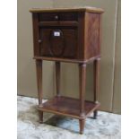 A French plum pudding veneered bedside table with decorative spinach green inset marble top over a