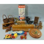 Mixed collection of vintage toys including Tinkertoy game,Tiddlywinks, Solitaire, dolls house