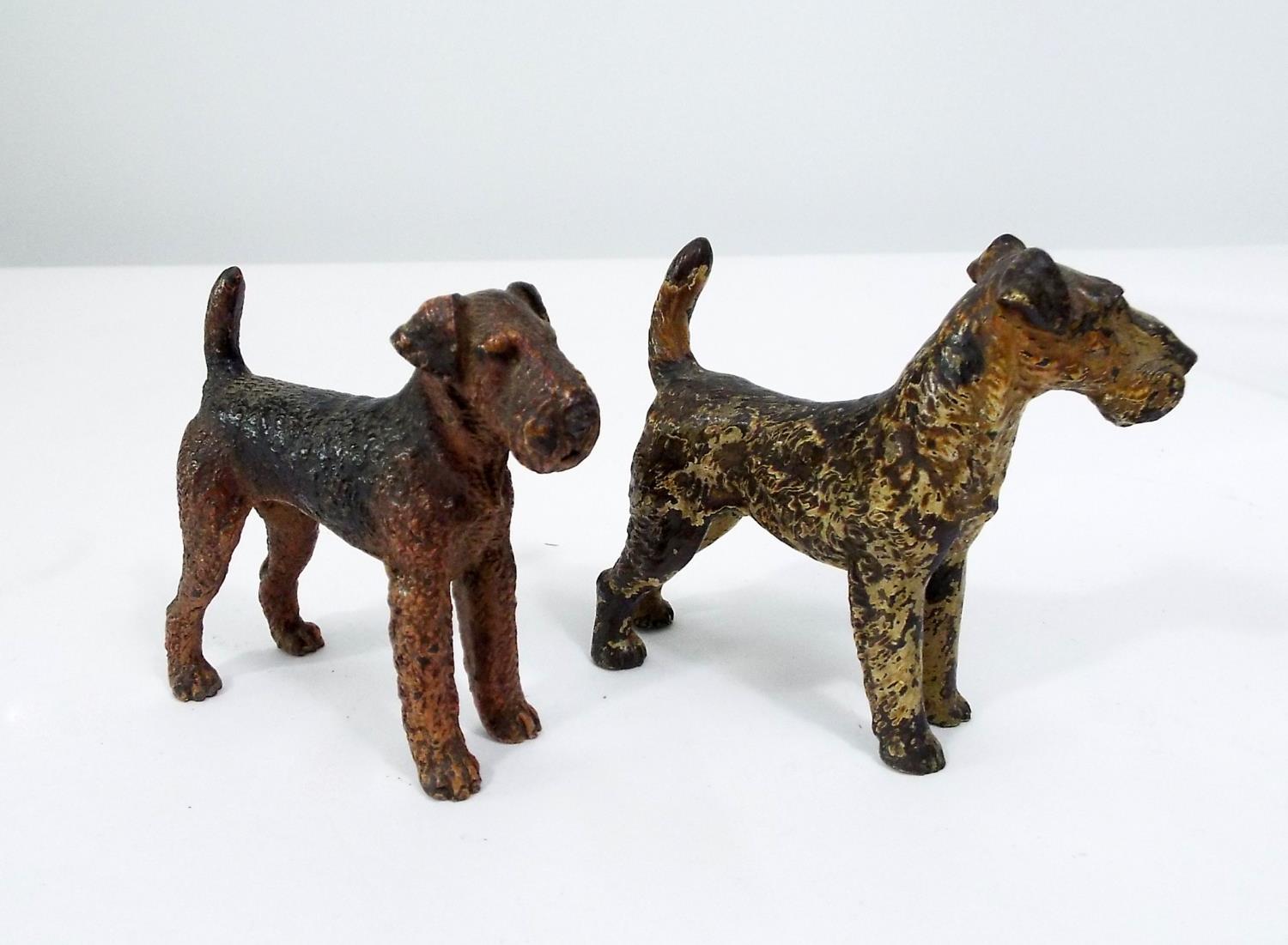 Two cold painted bronze models of fox terriers and a further ceramic fox terrier mask mounted on - Image 2 of 3