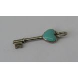 Silver Tiffany & Co. key pendant / charm with enamelled turquoise heart detail
