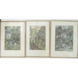 A set of three mid-20th century Balinese watercolour and bodycolour studies of scenes with