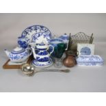 A collection of 19th century and other blue and white printed wares including a rectangular pen
