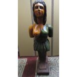 A carved wooden female half torso ship's figure head with polychrome decoration, 5ft high approx