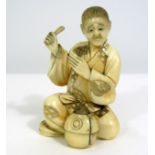 Meiji Period - Ivory Okimono of a seated man surprised by a rat emerging from a pot, signed, 9cm