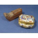 19th century Chinese timber snuff box in the form of a shoe, with carved detail and a small brass